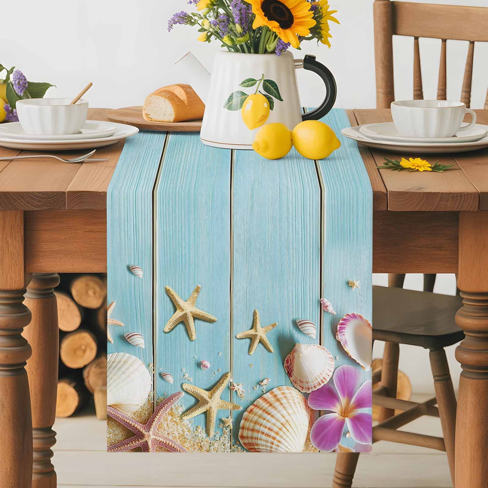 Summer Shell Starfish Flower Table Runner 90 Inches Long, Farm Blue Wood Board Table Runners Tabletop Scarf Kitchen Dining Tables Decoration for Home Party Indoor Outdoor