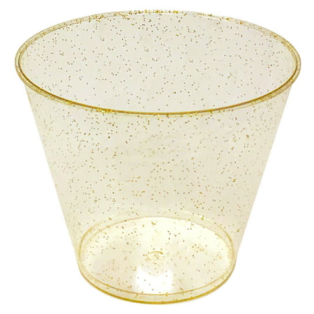 JL Prime 100 Gold Glitter Plastic Cups, 9 Oz Heavy Duty Reusable Disposable Gold Glitter Clear Plastic Cups, Old Fashioned Tumblers, Hard Plastic Drinking Cups for Party and (Best Cups For 2 3 Year Olds)