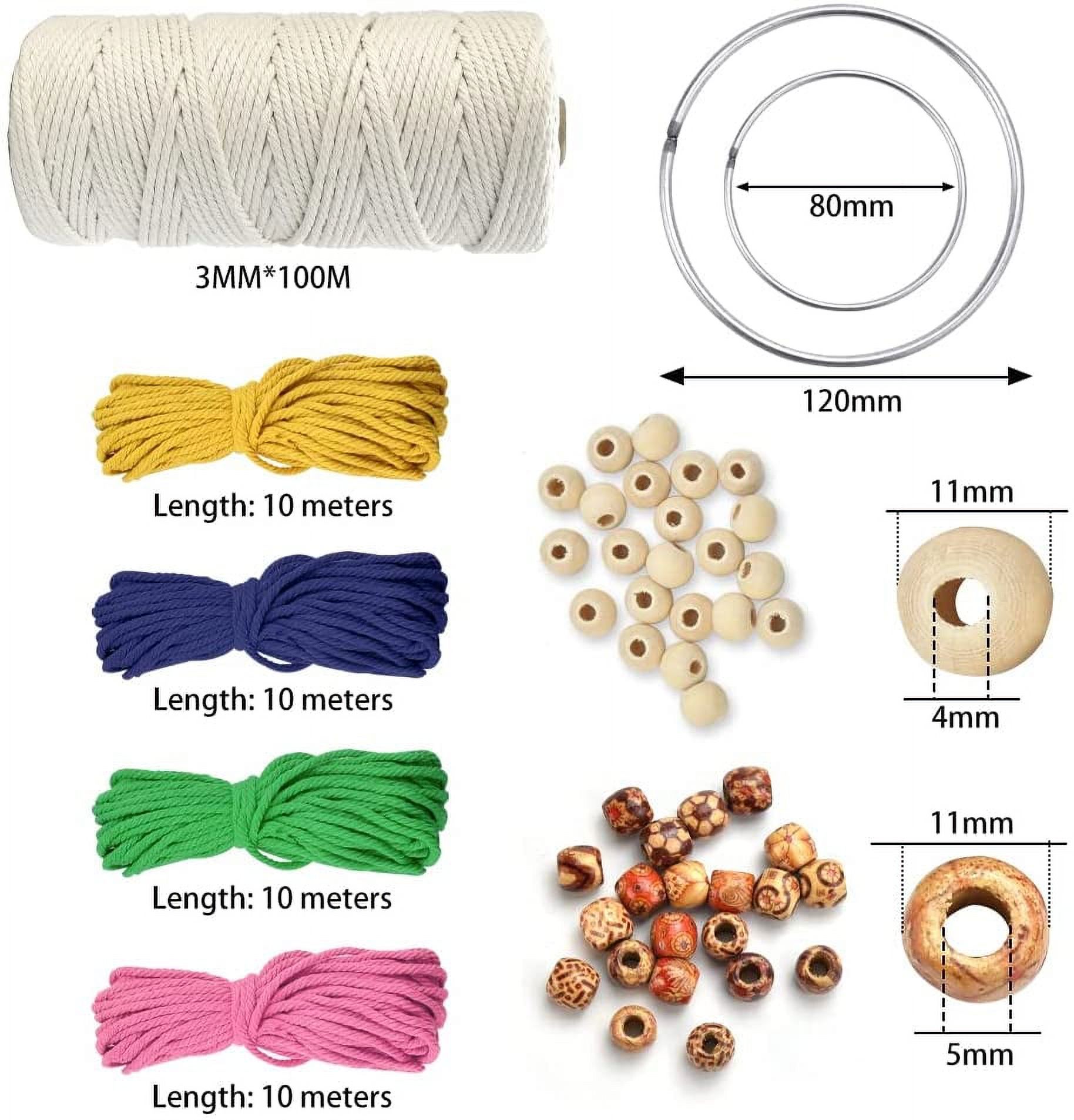 BUZIFU Natural Macrame Cord, 3MM*100M Cotton Cord Macrame Rope Macrame Kit with 100 Pcs Wood Beans, 4 Pcs Metal Rings, 4 Color Craft Cotton String Twine for Plant Hangers Knitting Macrame Craft DIY