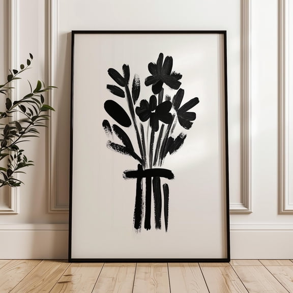 Monochrome Black And White Floral Wall Art Minimalist Flower Bouquet Print Contemporary Botanical Artwork For Modern Or Office Wall Art, Modern Wall Decor, 24x36 UNFRAMED