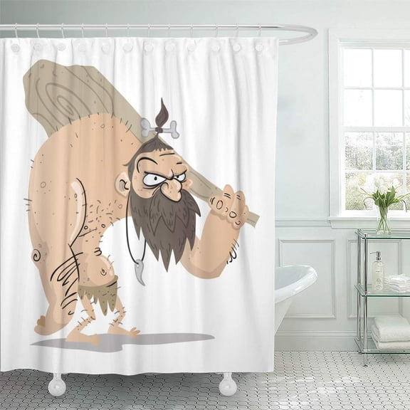 CYNLON Man Caveman Cave Neanderthal Vector Age Ancient Barbarian Beard Bathroom Decor Bath Shower Curtain 60x72 inch