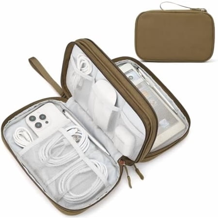 Electronic Organizer Large Travel Cable Organizer Bag Pouch Electronic Accessories Carry Case Portable Waterproof Double Layers All-in-One Storage Bag for Cable Cord Charger Phone Brown