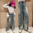 thumbnail image 2 of JUMESG Teen Girl Jeans Kids Girls Elastic Waist Cool Ripped Jeans Washed Denim Wide Leg Ripped Denim Jean Blue,8-9 Years, 2 of 9