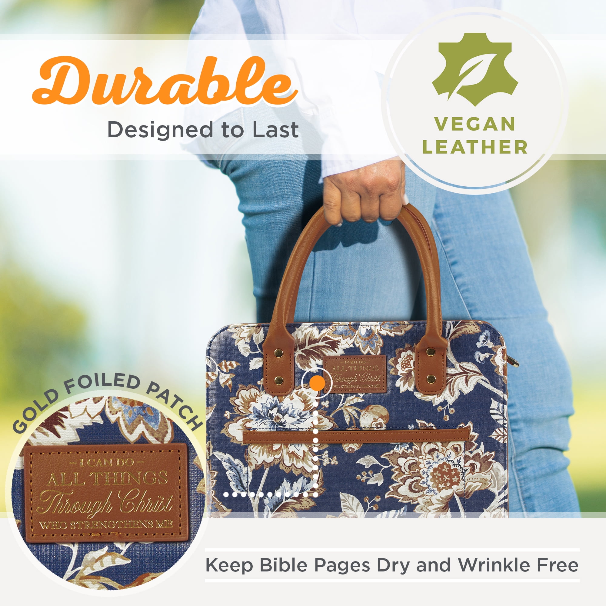 Christian Art Gifts Fashion Vegan Leather Purse Style Bible Cover Case for Women: All Things Through Christ Gold Inspirational Scripture, Pen Loops, Two Handles, Pockets, Navy & Brown Floral, Medium