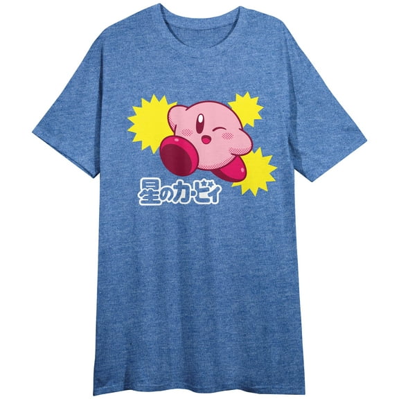 Kirby Classic Cartoon Kanji Graphic Print Blue Oversize Sleep Shirt-XL