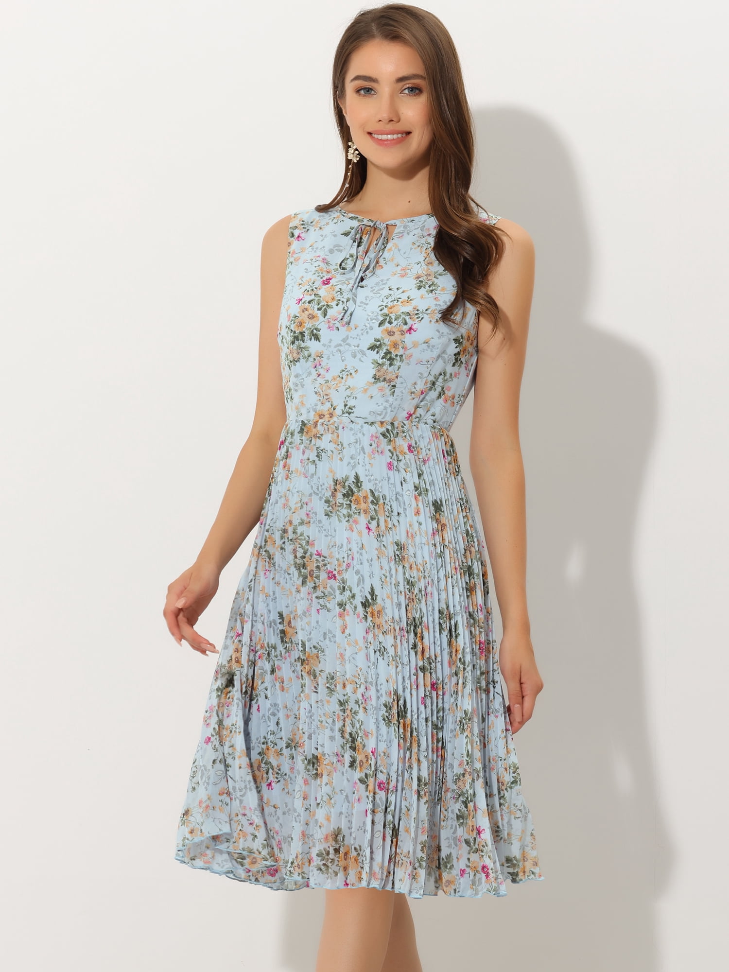 DARING DIVA Floral Print A-Line Knee Length Sleeveless Pleated Dress L Blue