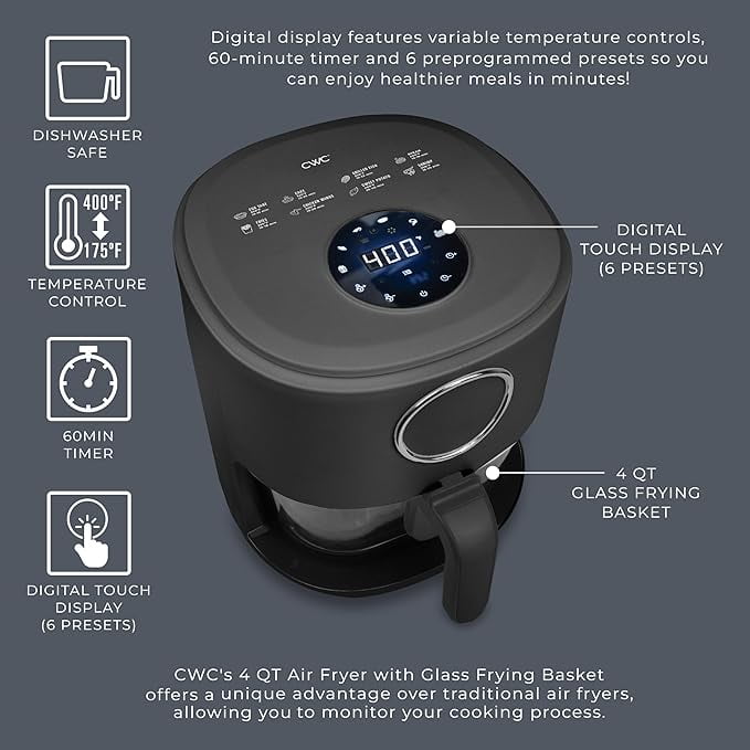 COOK WITH COLOR Air Fryer, 4Qt Glass Air Fryer, 1200W, 6 Presets, Black