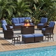 thumbnail image 2 of Sunmthink 10-Piece Patio Furniture Set, High Back Swivel Rocker Chairs with Thick Cushions, Wicker Rattan Outdoor Sectional Sofa with Fire Pit & Ottoman, Blue, 2 of 7
