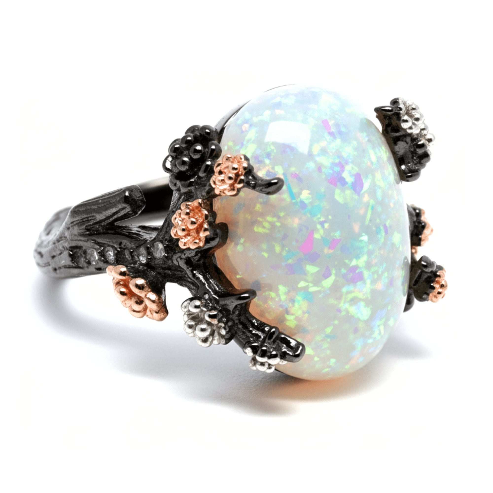Henrietta Black Tree Branch Gothic Inspired Fire Opal Engagement Ring for Women by Ginger Lyne