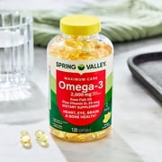 كبسولات هلامية ناعمة من Spring Valley Maximum Care Omega-3 من مكملات زيت السمك الغذائية لصحة العين والدماغ والعظام والقلب، 2000 مجم، 120 حبة