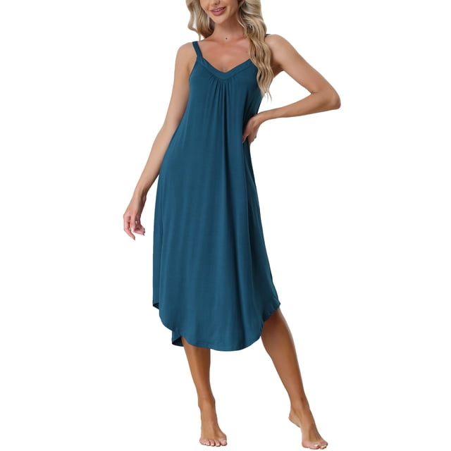 INSPIRE CHIC Robe de Pyjama Décontractée pour Femmes, Nuisette à Bretelles Spaghetti, Bleu Foncé