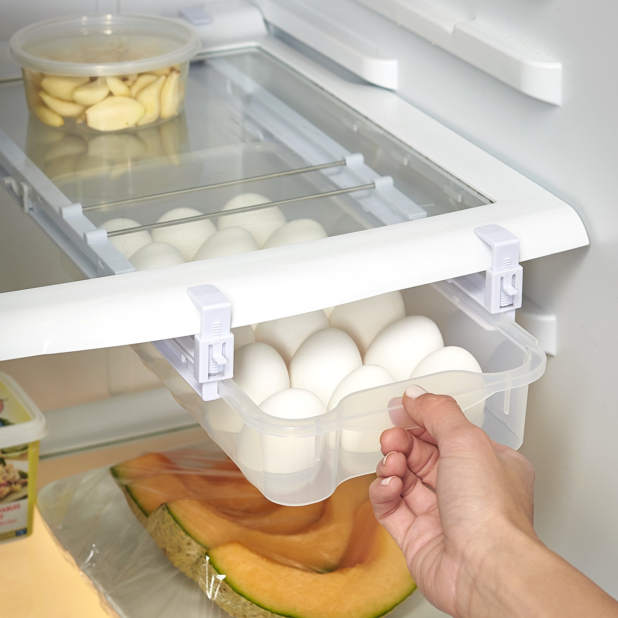 Thsue Fridge Egg Holder, Pull Out Refrigerator Drawer Organizers Fridge Shelf Holder Storage Box Adjustable Snap on Refrigerator Egg Storage Box