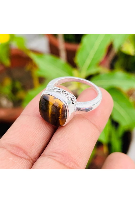 - Tiger Eye Sterling Silver Ring Handmade Boho Statement Jewelry with Natural Gemstone and Artisan Crafted Band