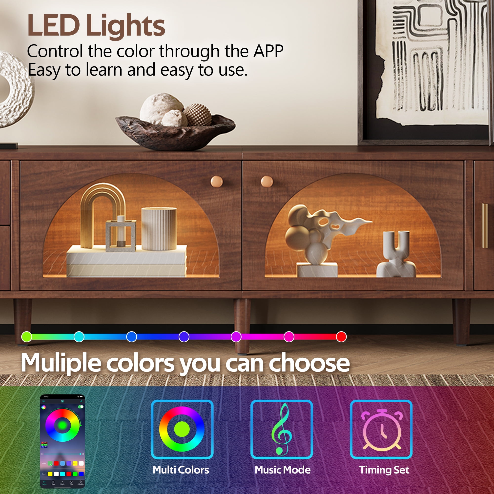 Homy Casa 86.6" TV Stand with LED Lights, Rattan Doors and Drawers, Walnut