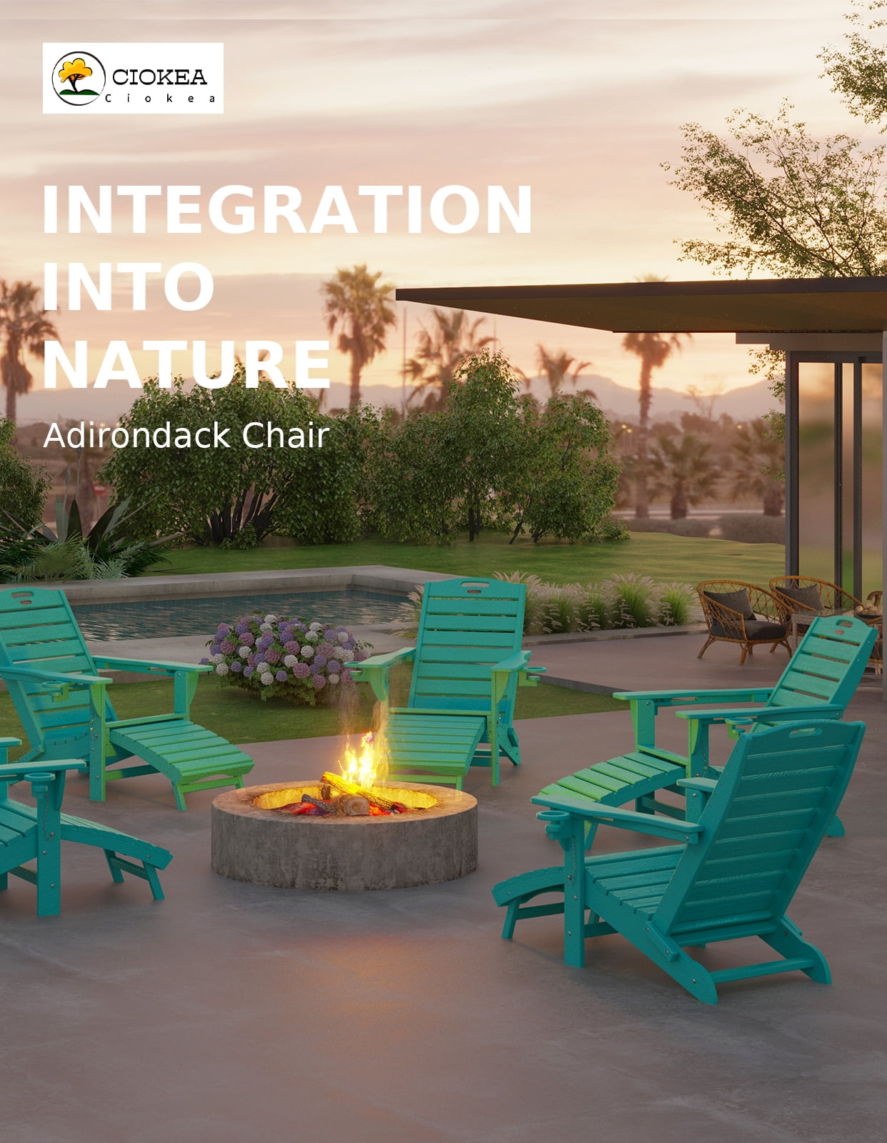 Folding Adirondack Chair Set of 2 with Retractable Ottoman Footrest, Wood Grain HDEP All Weather Fire Pit Chair with 2 Cup Holders for Outdoor, Aqua