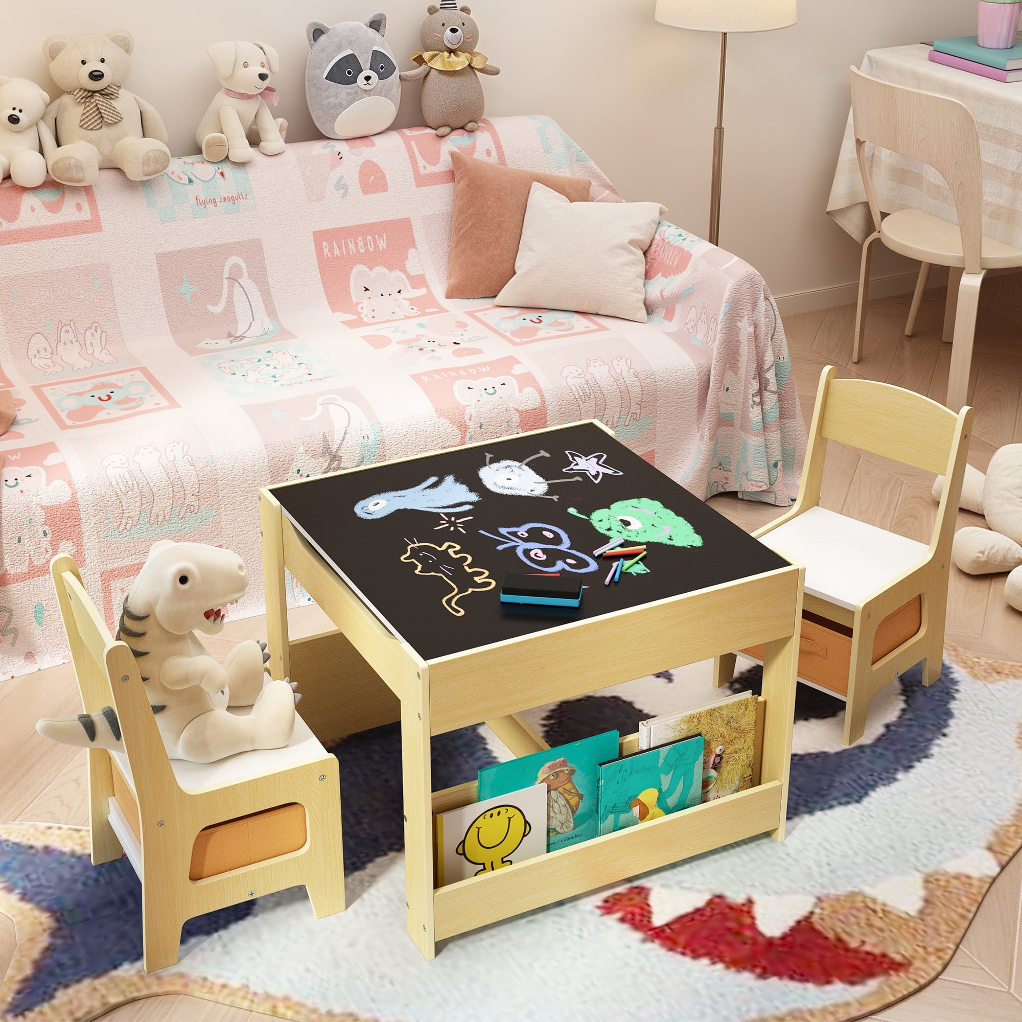 Kid's Table and Chair Set, Asofer 4-in-1 Kids Set with Bookshelves Storage Drawer, Removable Desktop for Drawing Playing Studying Eating, White/Gray