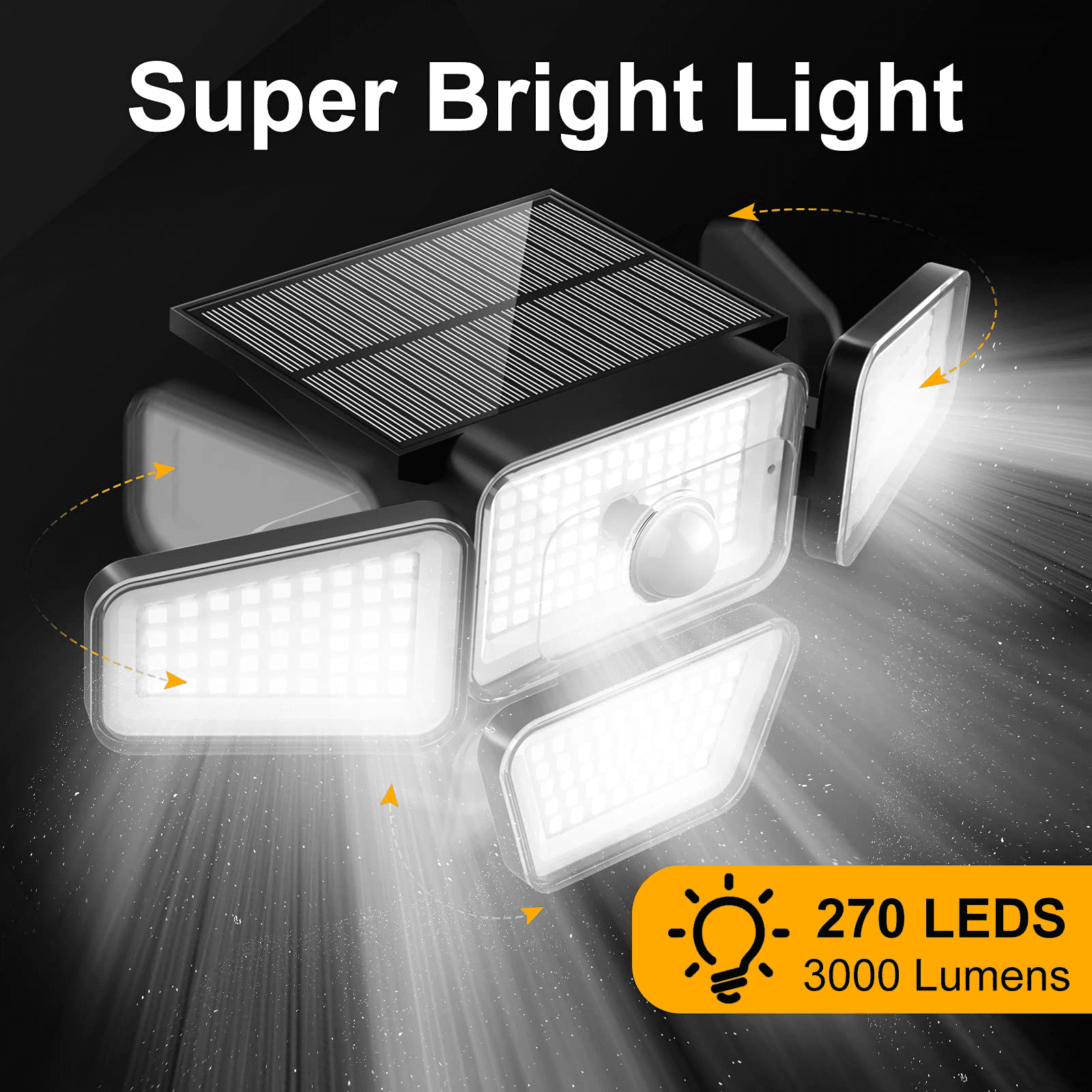 ROMUCHE 270 LED Solar Lights Outdoor 3000LM Motion Sensor Light IP65 Waterproof 4 Heads 3 Modes 330° Wide Angle 6500K Wireless Flood Lights for Outside Garage Yard Patio