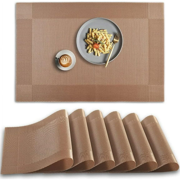 Colourtree Light Brown Dining Table Pads Placemats Set of 4, Place Mats for Kitchen Dining Table, Heat-Resistant Anti-Skid Stain Washable PVC Table Mats, Easy to Cleaning Woven Vinyl Dinner Mats