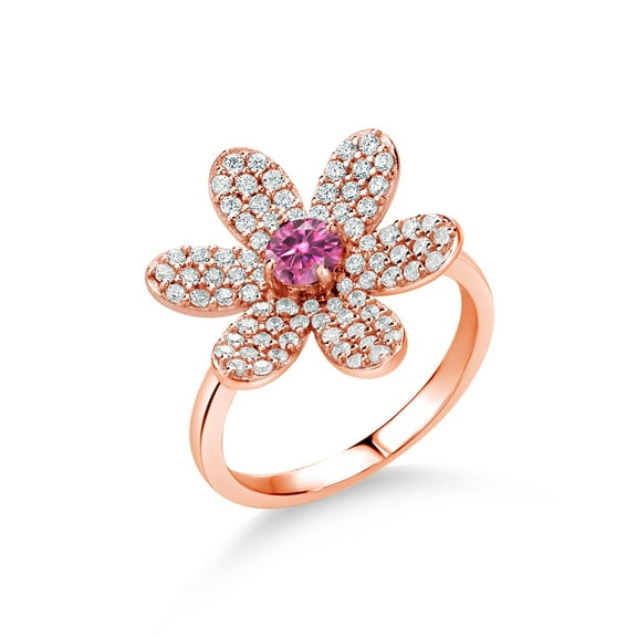 Gem Stone King 18K Rose Gold Plated Silver Ring Round Pink Moissanite and (1.21 Cttw, Size 7)