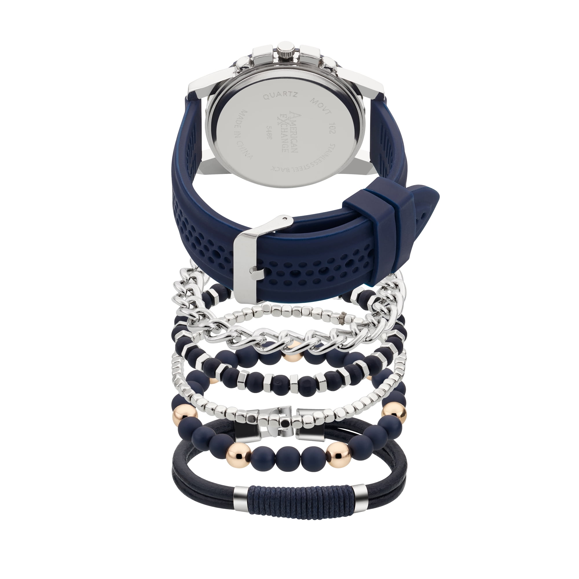 American Exchange Men's Analog Blue Silicone Strap 45mm Watch w/ Stackable Bracelets