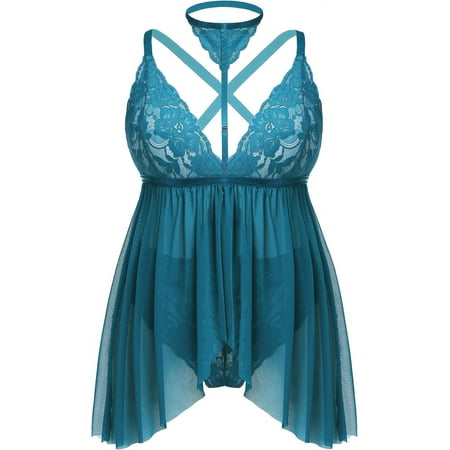 SUCS Plus Size Lingerie for Women Sexy Lace Babydoll Mesh Choker Sleepwear L-5XL