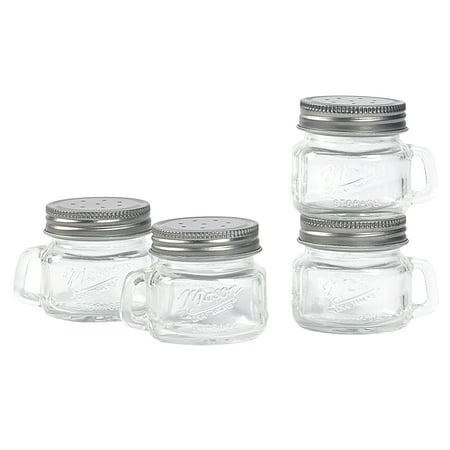 Mason Craft and More 2 Ounce Round Glass Salt and Pepper with Handle and Silver Metal Lid, Set of 4