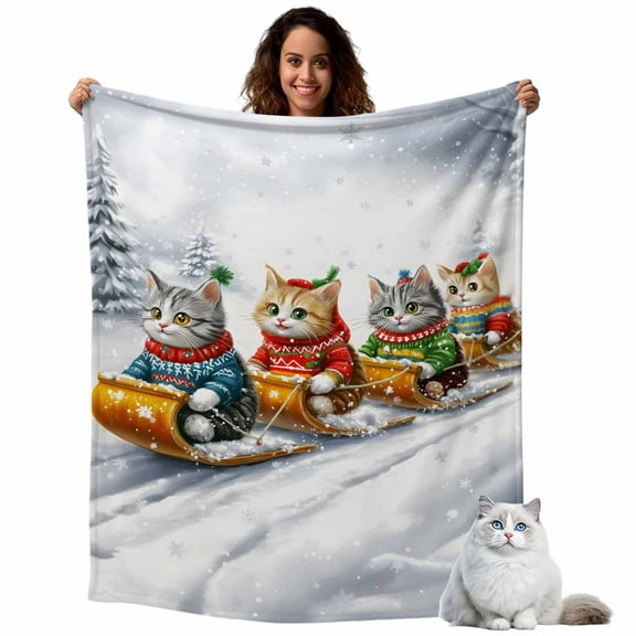 Cat Sled Ski Fleece Throw Blanket Lightweight Winter Snow Fuzzy Flannel Throws Super Soft Cozy Flannel Blanket for Couch, Sofa, Bed, Travel 60"x80"