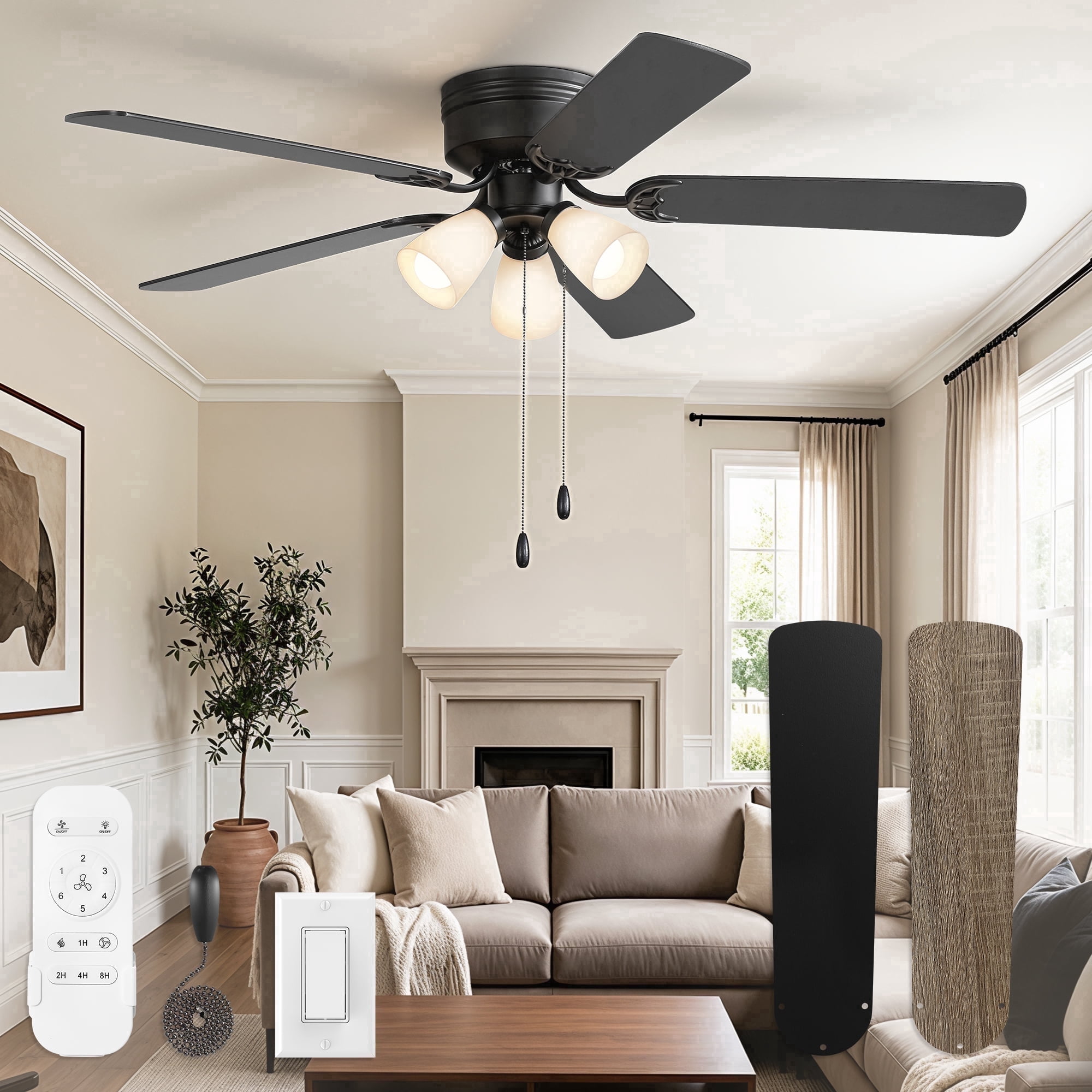 Lokivas 52" Black Farmhouse Indoor Ceiling Fan with Light, Quiet 6-Speed DC Motor, Remote & Pull Chain Control, for Bedroom, Living Room
