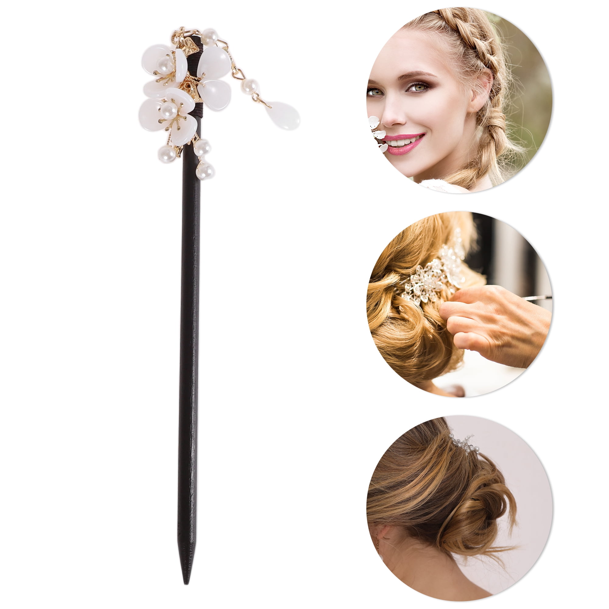 Unique Bargains Three-petal Flower Tassel Hair Chopstick for Women 1 Pc Black, White
