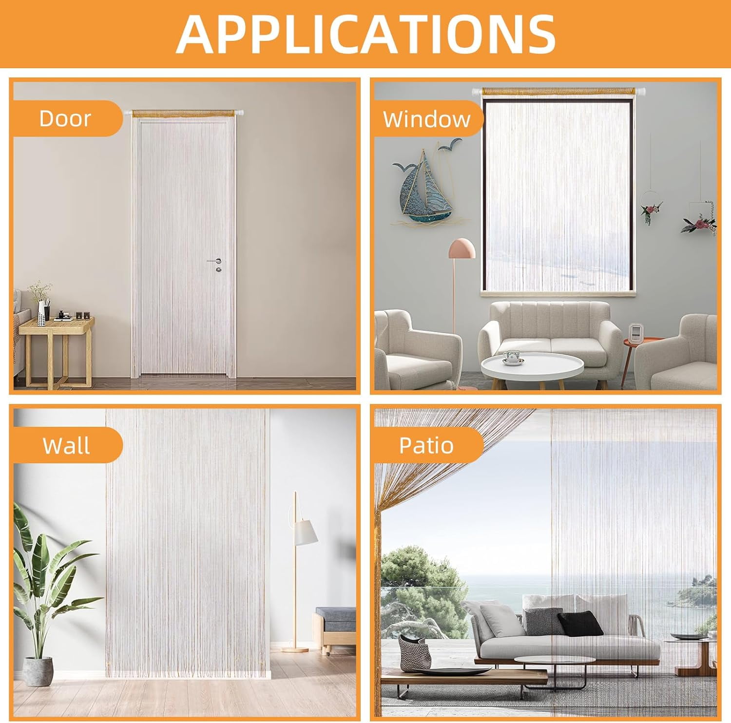 4 Pieces Glitter String Curtains Doorway Beads Curtains, 39 x 79 Inch Hanging Fringe Hippie Room Divider Door String Curtain Boho Doors Tassel for Doorways, Windows, Closet, Privacy Decor (Gold)