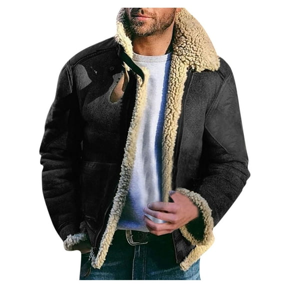 Tiweut Casual Leather Jackets Mens Mens Winter Wool Long Sleeve Lapel Splice Fit Solid Color Warm Overcoat with Pockets Blouses Black,L