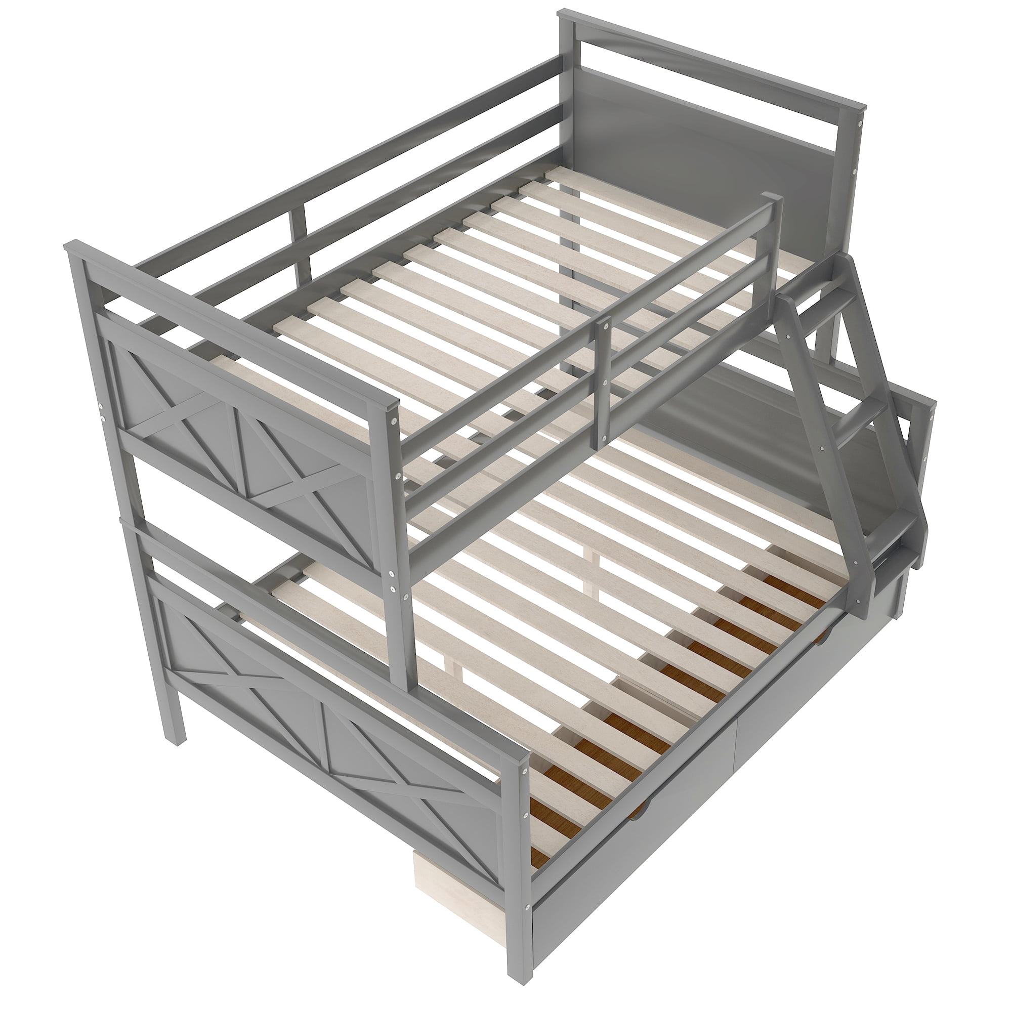 Euroco Modern Solid Wood Convertible Twin over Full Kids Bunk Bed Frame with Ladder, White, Gray