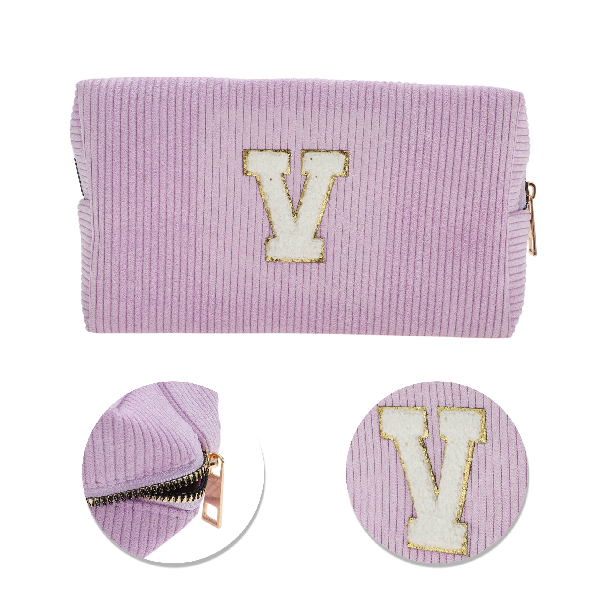 Unique Bargains 1 Pc Corduroy Rectangular Letter Makeup Bag Pink Purple [Letter V]