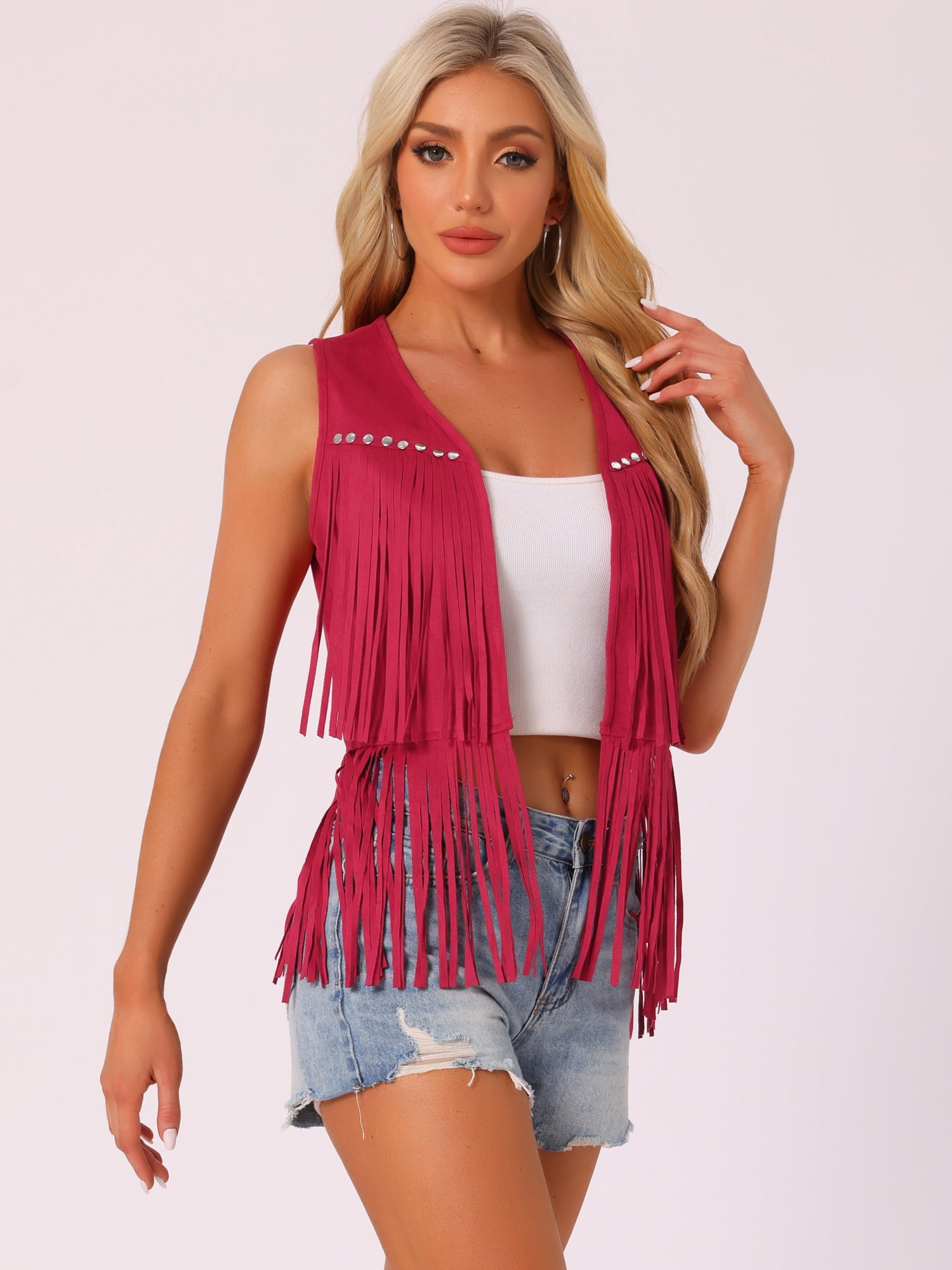 DARING DIVA Women's Fringe Vest Open Front Outfits Faux Suede Tassel Cardigan S Red