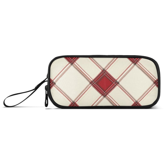 Red-beige Plaids Pencil Case Stationary Holder Pen Bag Pencil Pouch Tool Organizer 3 Compartments