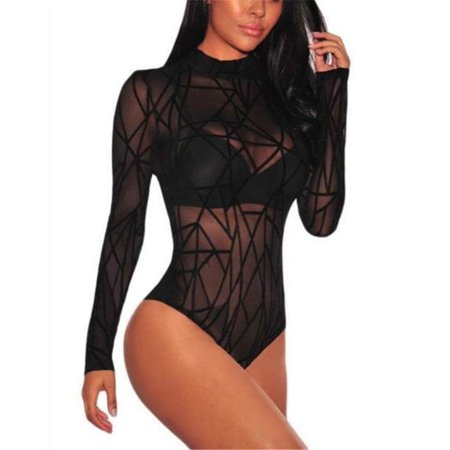 Sexy Women Lace Bodysuit Sheer Mesh Turtleneck Long Sleeve Leotard Top Jumpsuit Top