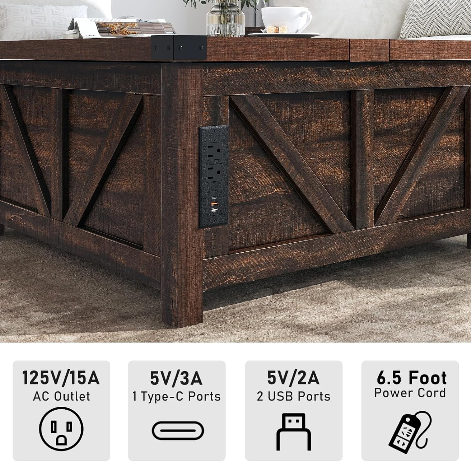 ChVans 35.6" Square Lift Top Coffee Table, Farmhouse Coffee Table with Storage & Charging Ports, Wood Center Table w/Large Hidden Space for Living Room Home Office, Brown