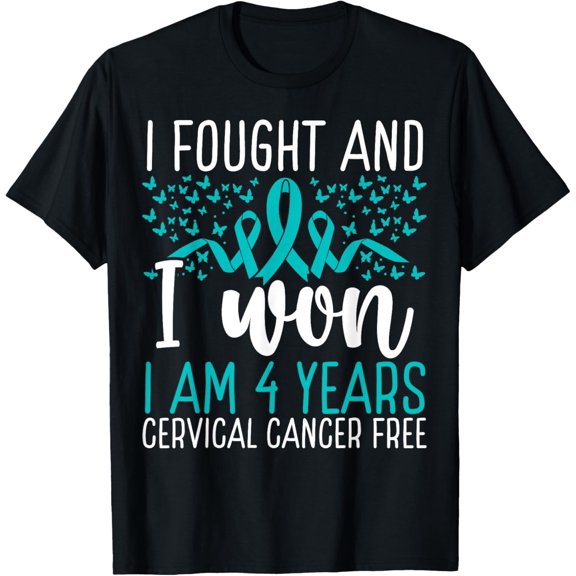 men and women can wear,4 Year Cancer Free Cancer Survivor Cervical Cancer Awareness T-Shirt
