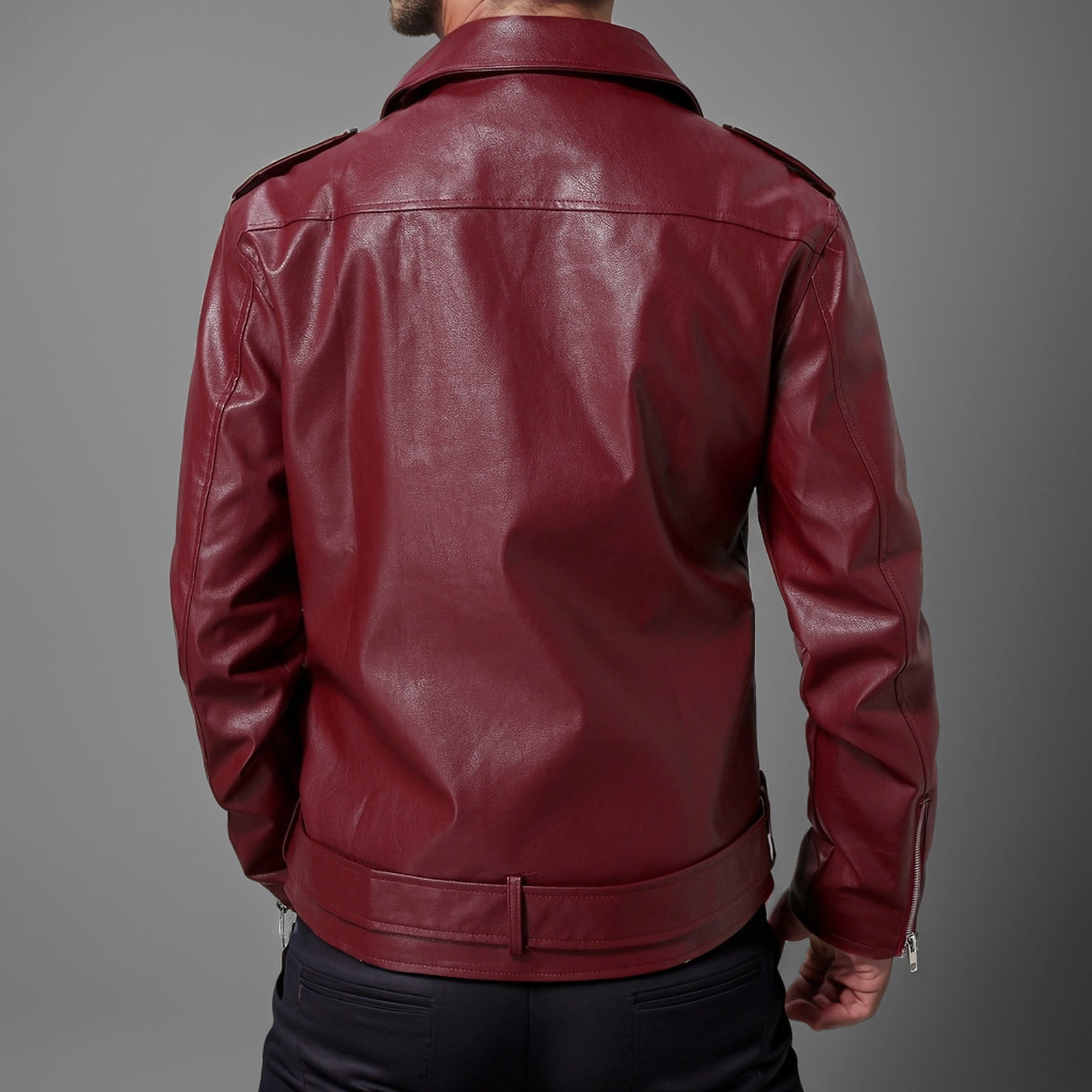 Maoxin Men's Leather Jacket Men's Collar Leather Jacket Casual Loose Men's Top Solid Color Long Sleeved Hooded Leather Jacket/Jackets for men Wine M