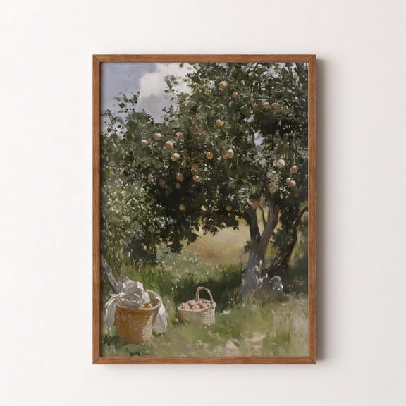 Vintage Apple Orchard Landscape Rustic Garden With Baskets Wall Art, Distinctive Botanical Theme For Office And Gallery Wall Decor