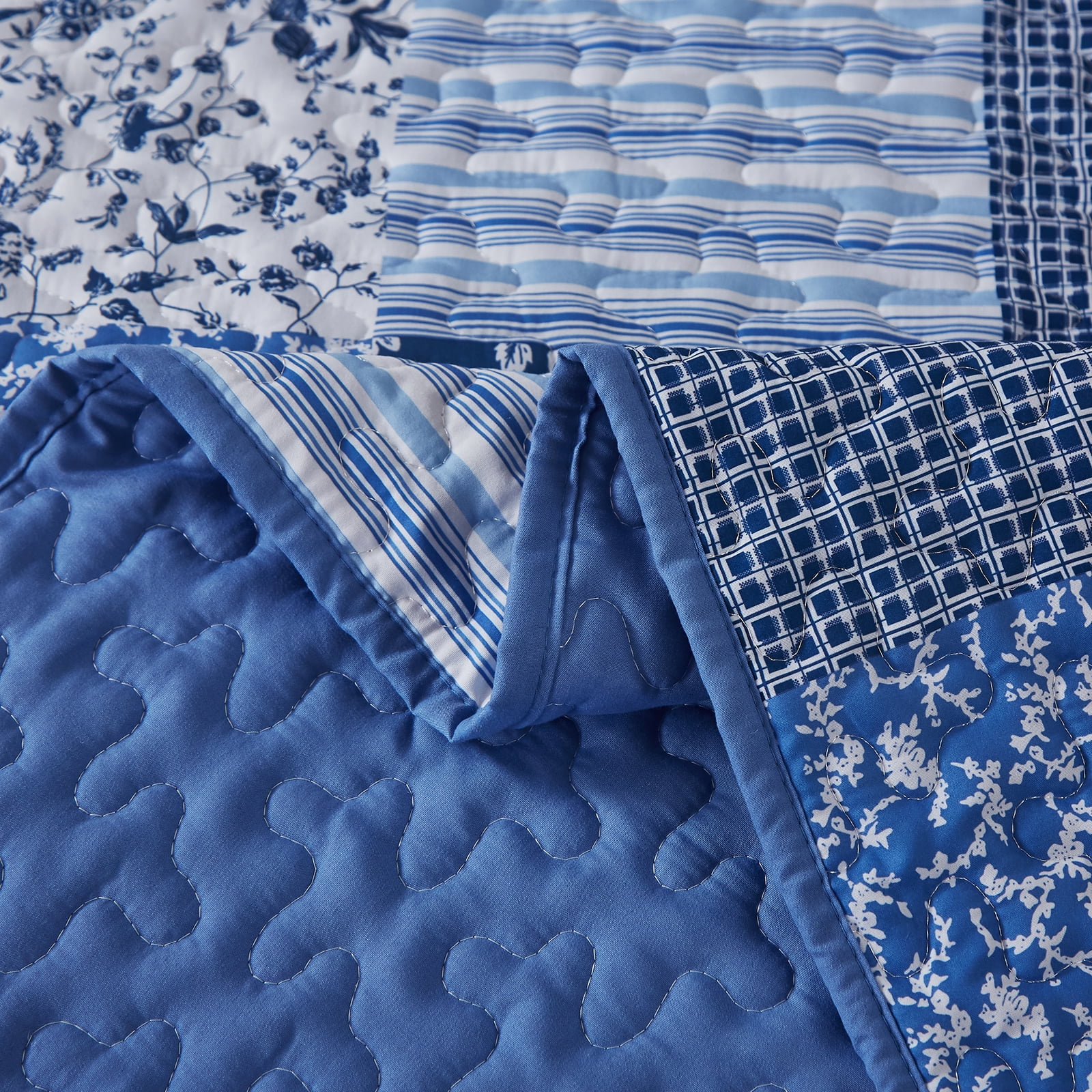 Dintszyayue Grid Patchwork Quilt Set Queen Size,3Pcs Blue Bedding Set Lightweight Adult(90"x 96")