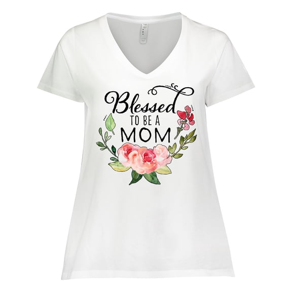 Inktastic Blessed to Be a Mom with Pink Flowers Women's Plus Size V-Neck T-Shirt
