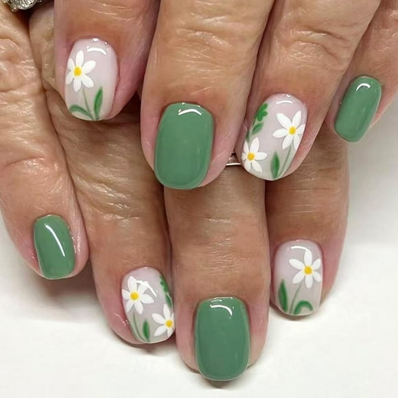 SUTENGDA Summer Sunflower Press on Nails Short Square Flower Fake Nails Yellow White Floral Glue on Nails Glossy Acrylic Stick on Nails for Women DIY Manicure