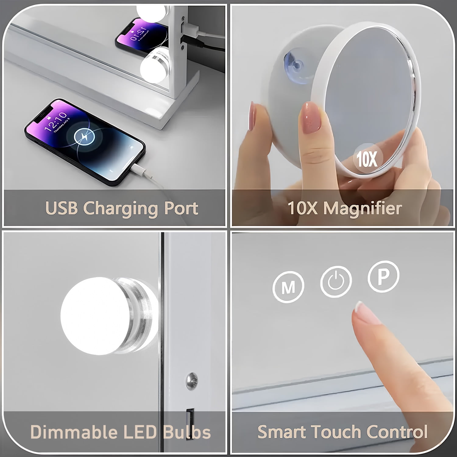 Vanity Mirror with Lights, 22''x18'' Hollywood Makeup Mirror with 15 Dimmable LED Bulbs, 3 Color Modes, USB Charging Port and 10X Magnification, White