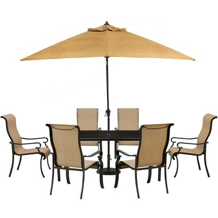 Hanover Outdoor Brigantine 7-Piece Dining Set with Glass-Top Table Umbrella and Base Harvest Wheat/Espresso Bean