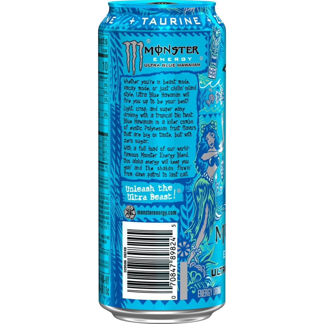 Monster Energy Ultra, Blue Hawaiian, Sugar Free Energy Drink, 16 Fl Oz (4 Pack)