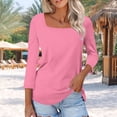 thumbnail image 2 of Women Plus Size Tunic Blouse Square Neck 3/4 Sleeve Solid Color Pullover Casual Loose Fashion Basic Tees (XL, Pink), 2 of 7