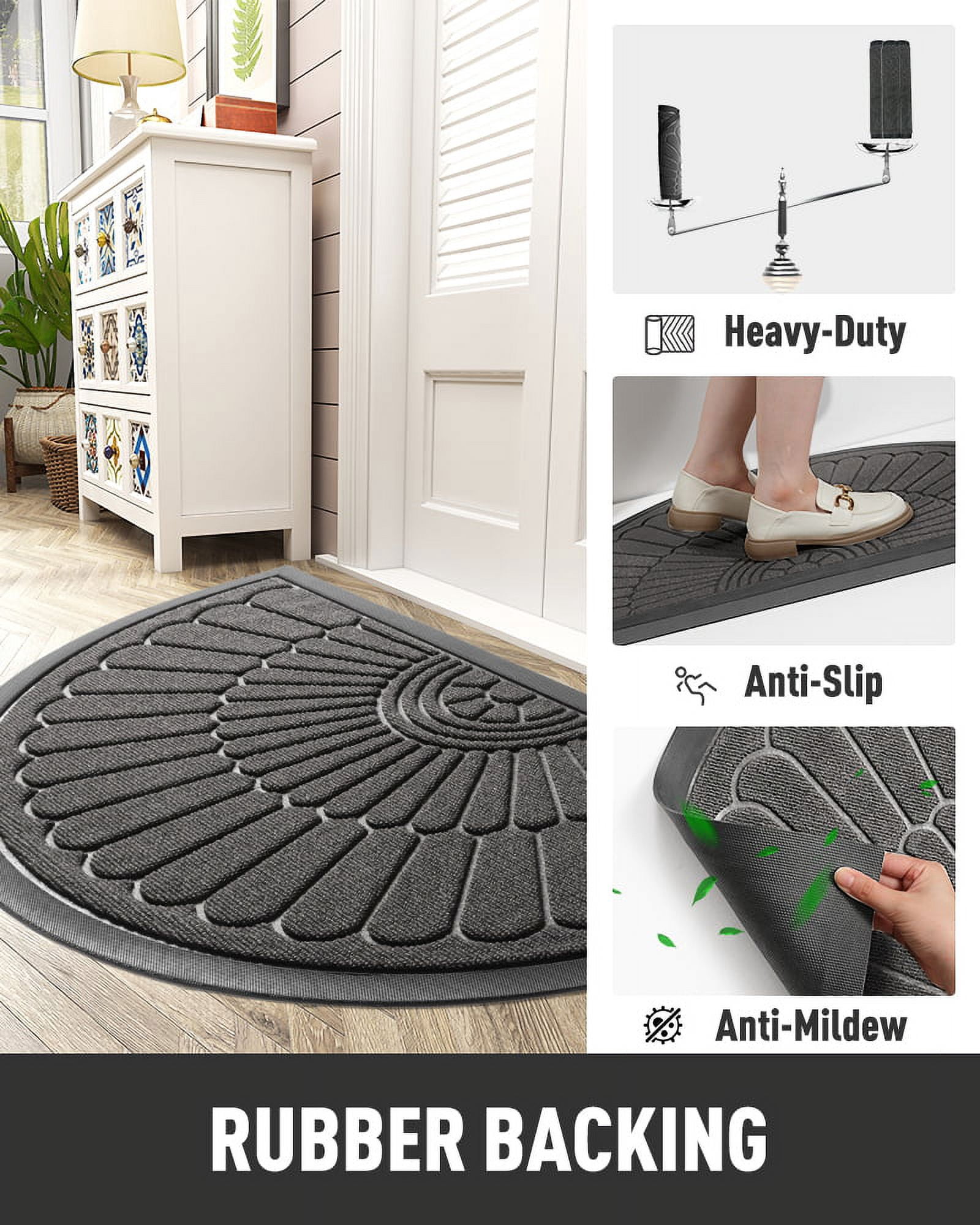 VUNATE Door Mat Outside Indoor Doormat Non Slip Rubber Welcome Mat Outdoor Mat for Front Door Entrance Absorbent Dirt Trapper Floor Mats for Home Low Profile Entry Rug Half Round Doormat 24"x35" Gray