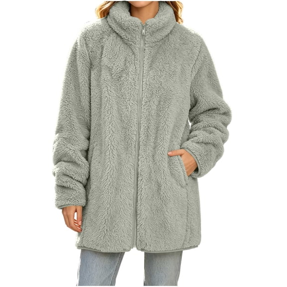 YgkuHd Womens Sherpa Jacket Zip Up FLeece Fall Winter with Pockets High Neck Warm Coats Long Sleeve Casual Outwear_Gray S