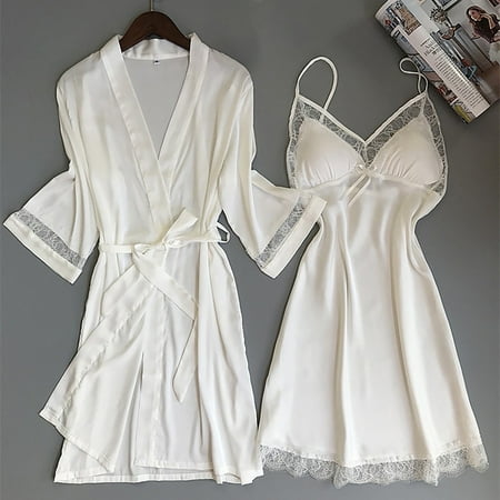 Alitao Pajamas for Women Set Silk Pajamas Satin Silk Pajamas Cardigan Nightdress Bathrobe Ladies Robes Underwear Sleepwear Lounge Sets Two Piece Sets White XL